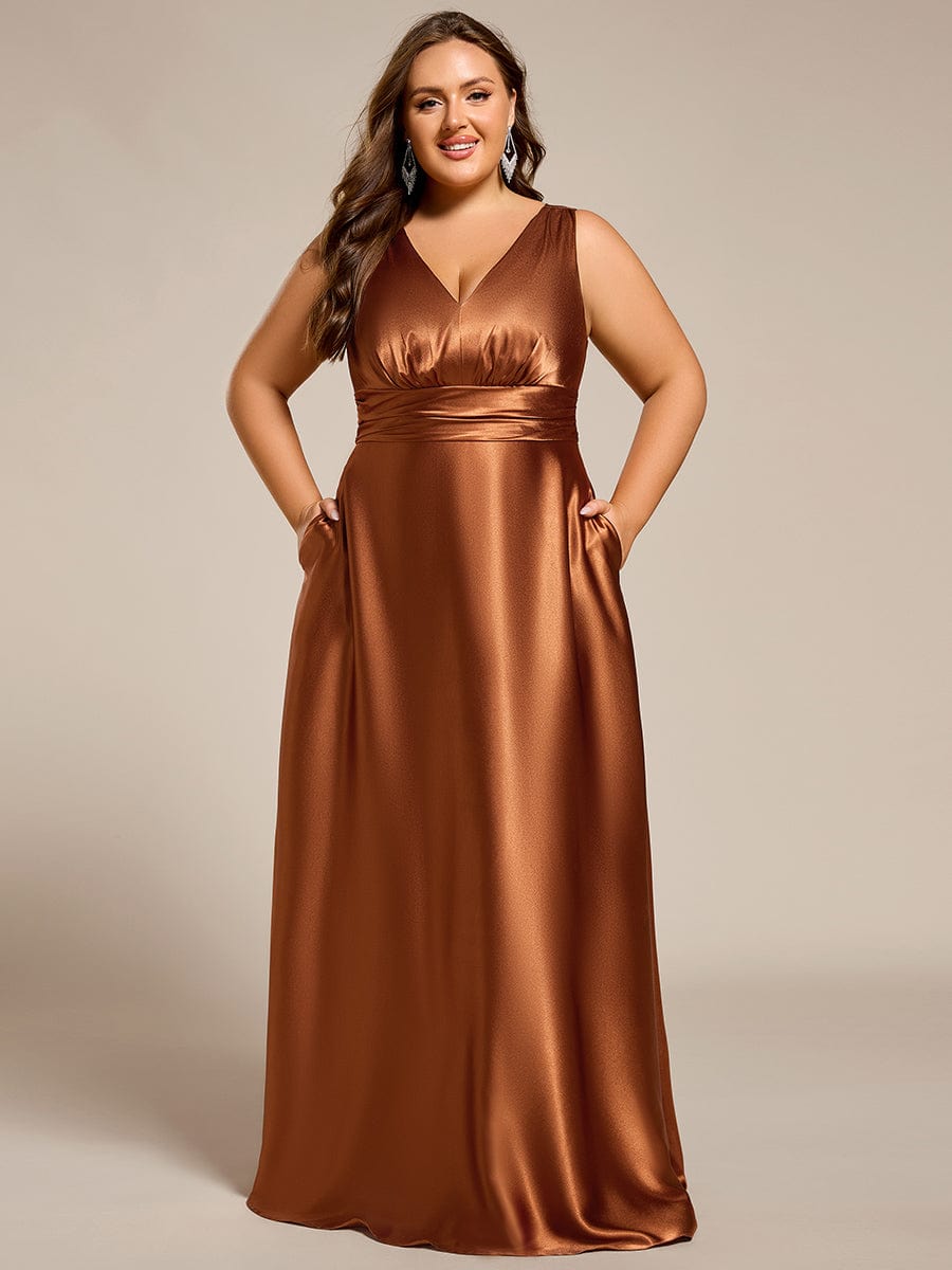 Plus Size Satin Empire Waist Maxi Dress with Pockets #color_Copper