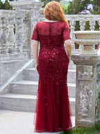 Plus Size Bodycon Sequin Tulle Maxi Dress #color_Burgundy