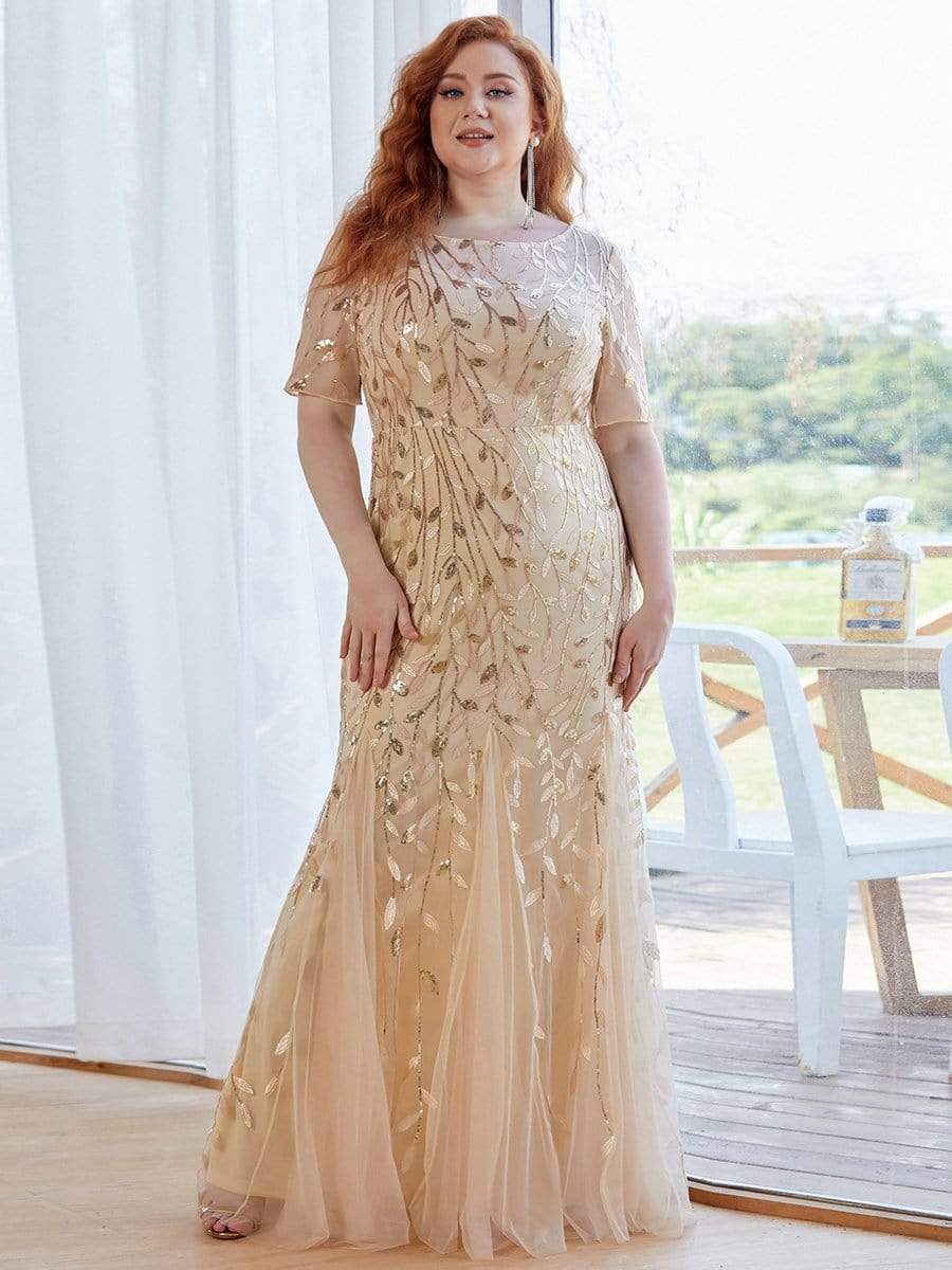 Plus Size Bodycon Sequin Tulle Maxi Dress #color_Gold
