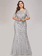Plus Size Bodycon Sequin Tulle Maxi Dress #color_Silver