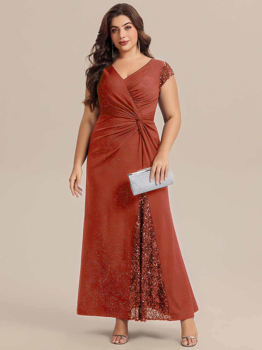 Plus Size Knotted Knit Cap Sleeve Maxi Glitter Evening Dress #color_Burnt Orange