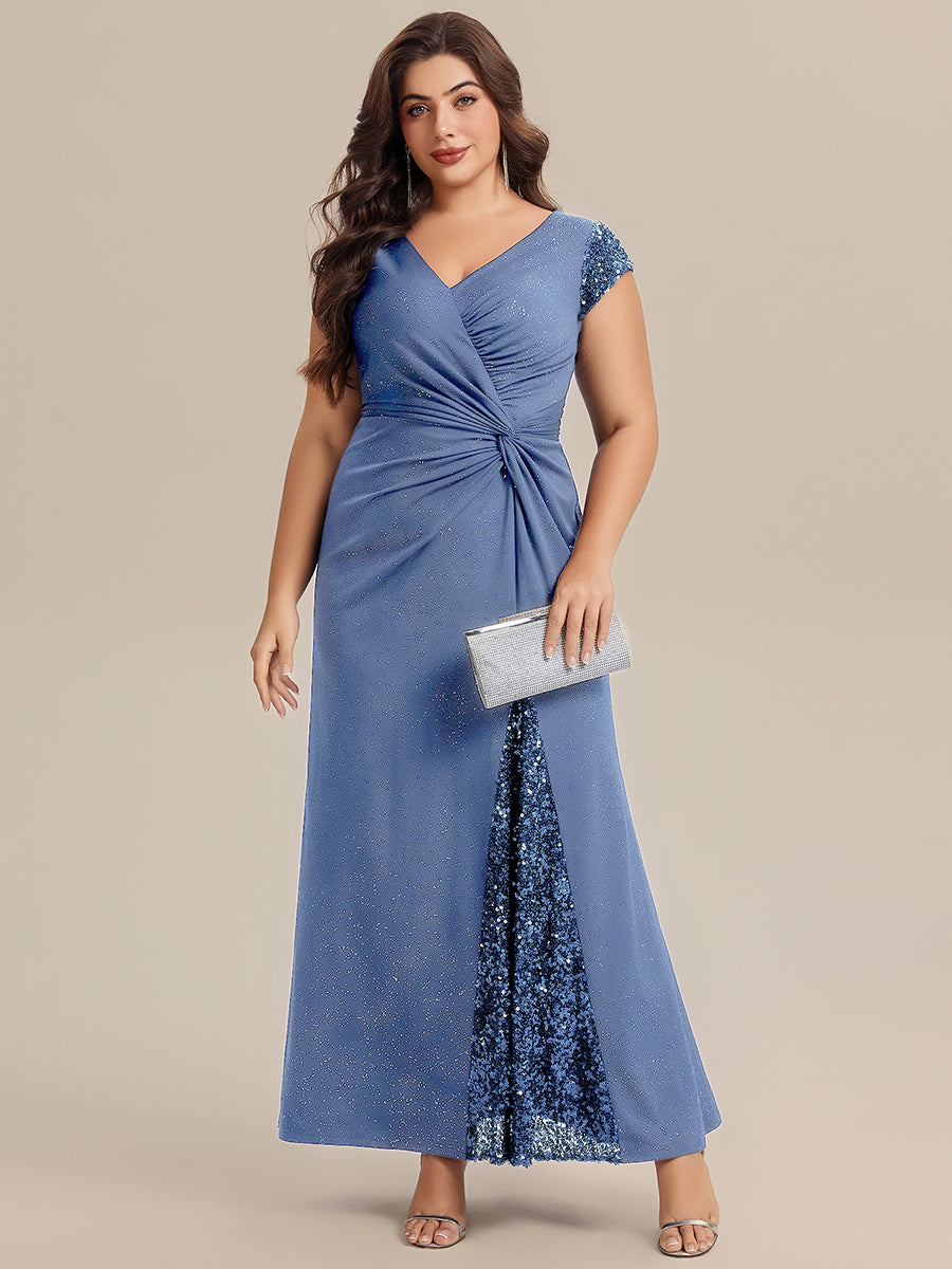 Plus Size Knotted Knit Cap Sleeve Maxi Glitter Evening Dress #color_Dusty Blue
