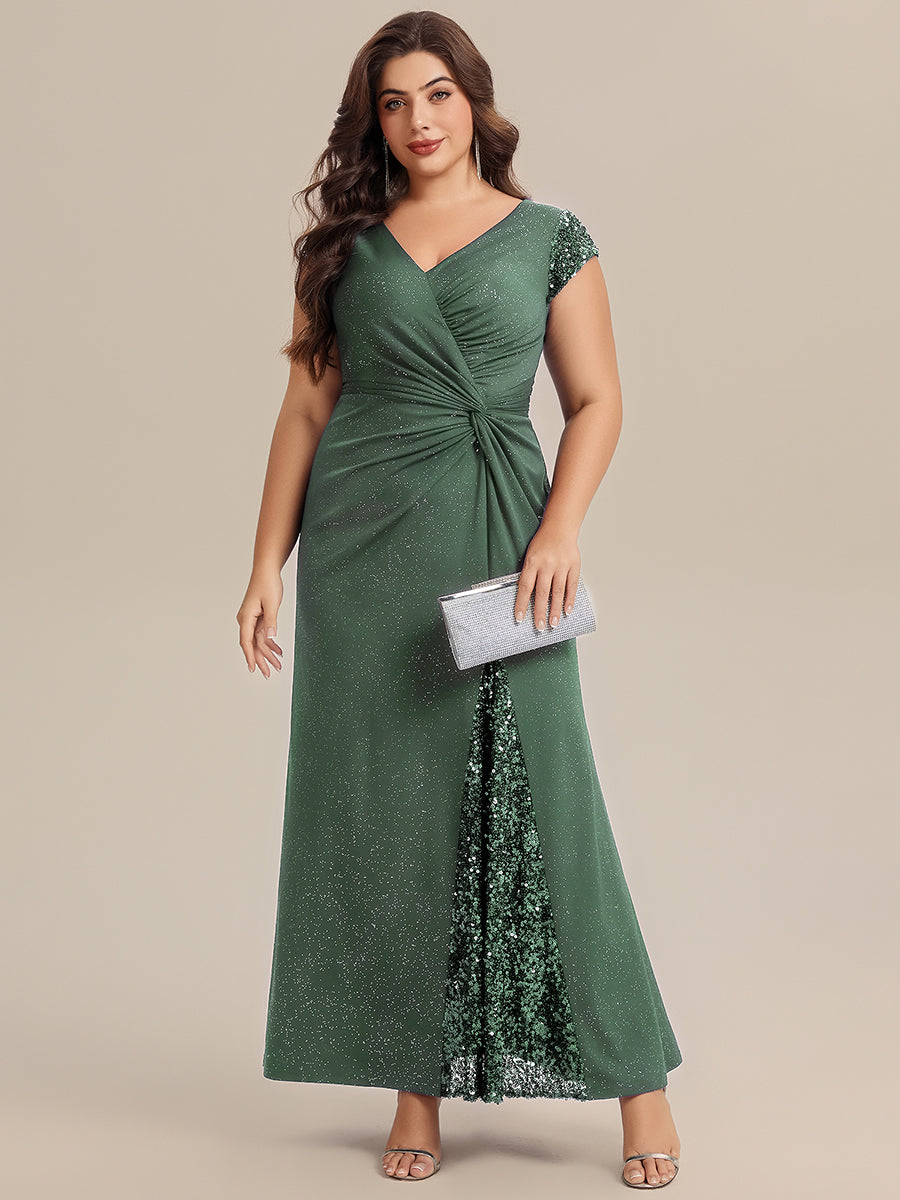Plus Size Knotted Knit Cap Sleeve Maxi Glitter Evening Dress #color_Eucalyptus