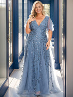 Plus Size Leaf Sequin Tulle A-Line Maxi Dress with Short Sleeves #color_Dusty Blue