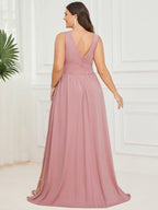 Plus Size V Neck High Slit Dress #color_Dusty Rose