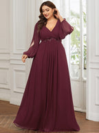 Plus Size Chiffon Empire Waist Maxi Dresses with Long Lantern Sleeves #color_Burgundy