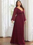 Plus Size Chiffon Empire Waist Maxi Dresses with Long Lantern Sleeves #color_Burgundy