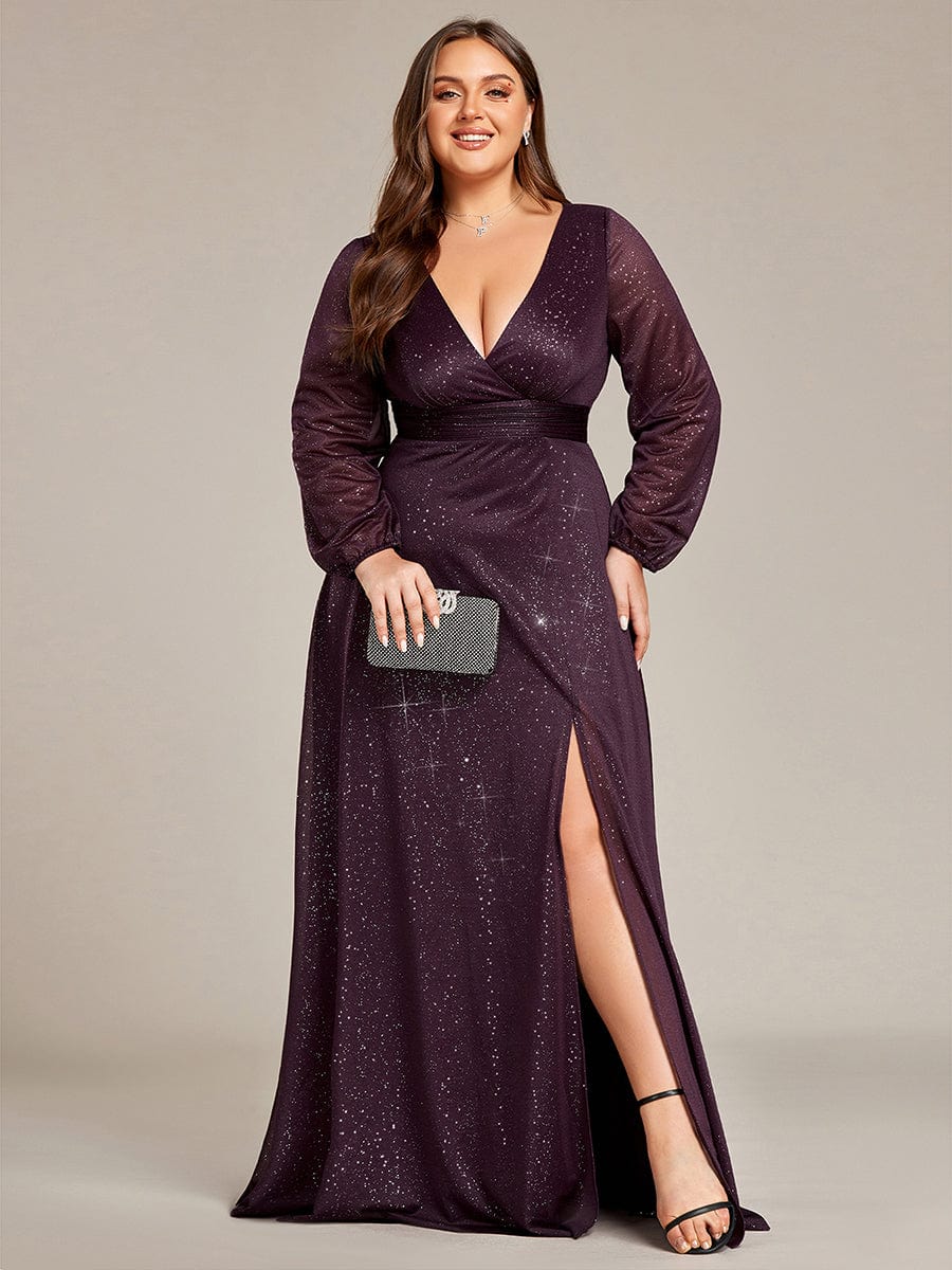 Plus Size V-Neck Shiny Long Sleeve Maxi Dress #color_Dark Purple