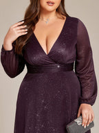 Plus Size V-Neck Shiny Long Sleeve Maxi Dress #color_Dark Purple
