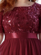 Plus Size Sequined Tulle Maxi Dress with Satin Waist Accent #color_Burgundy