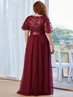 Plus Size Sequined Tulle Maxi Dress with Satin Waist Accent #color_Burgundy