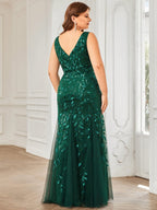 Plus Size V-Neck Sequin Bodycon Tulle Maxi Dress #color_Dark Green