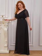 Plus Size Empire Waist Chiffon Maxi Dress with Short Sleeves #color_Black