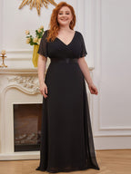 Plus Size Empire Waist Chiffon Maxi Dress with Short Sleeves #color_Black
