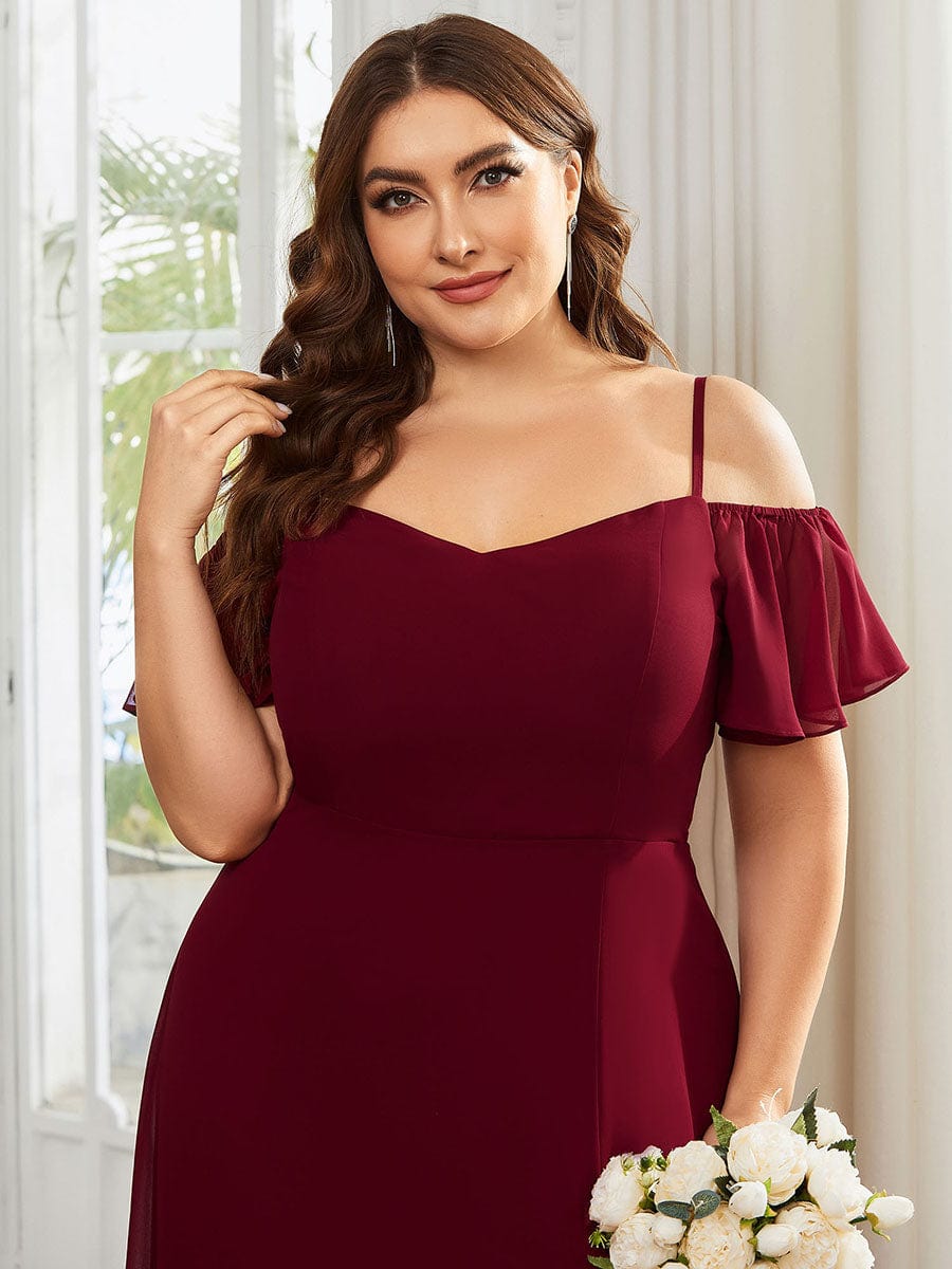 Plus Size Cold Shoulder Maxi Dress with Side Slit #color_Burgundy