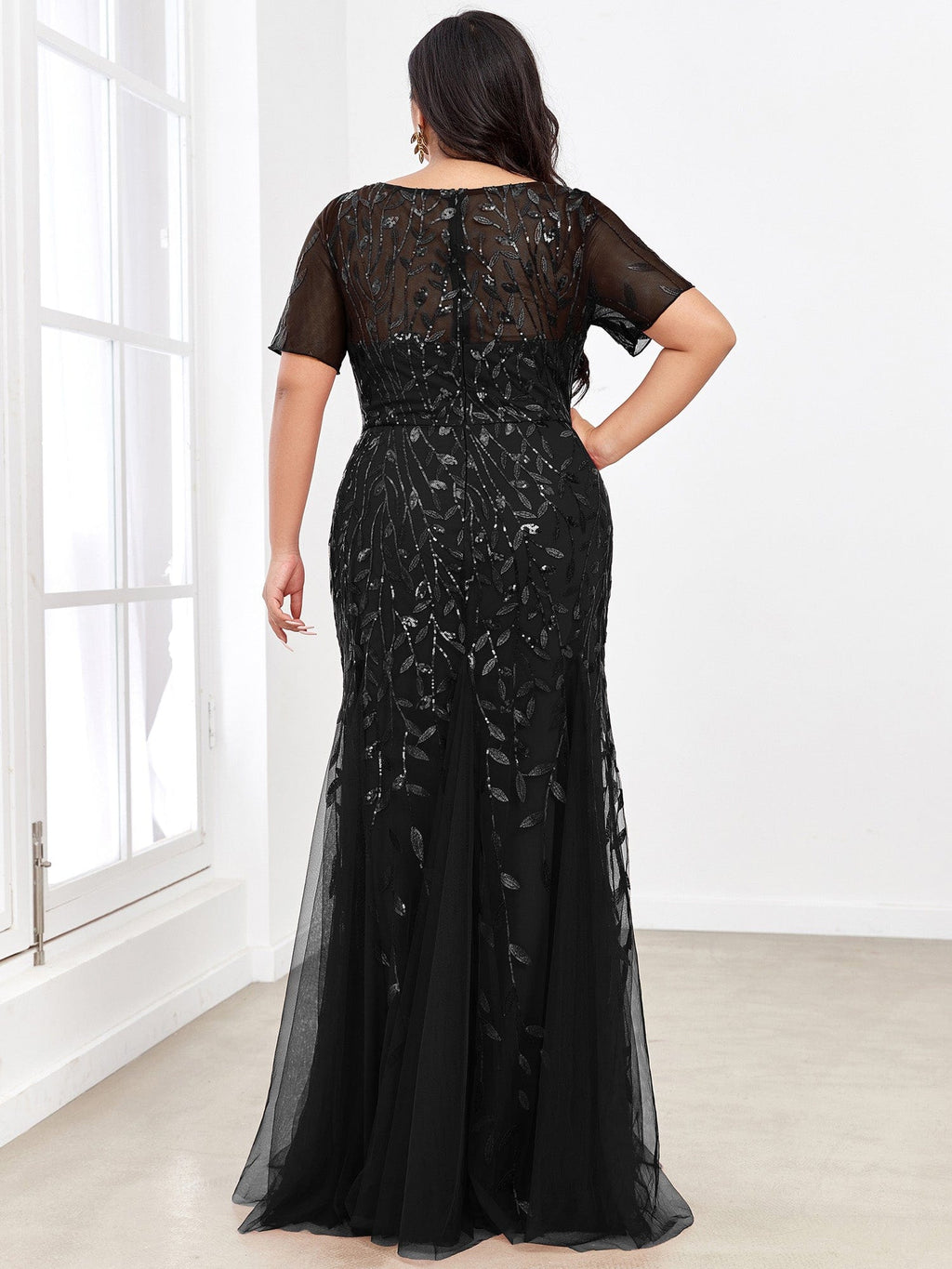 Plus Size Bodycon Sequin Tulle Maxi Dress #color_Black