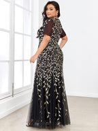 Plus Size Bodycon Sequin Tulle Maxi Dress #color_Black & Gold