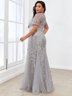 Plus Size Bodycon Sequin Tulle Maxi Dress #color_Silver