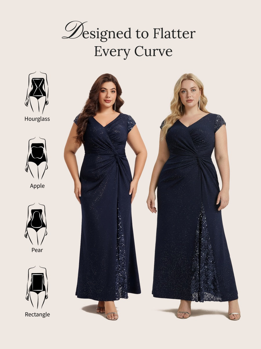 Plus Size Knotted Knit Cap Sleeve Maxi Glitter Evening Dress #color_Navy Blue